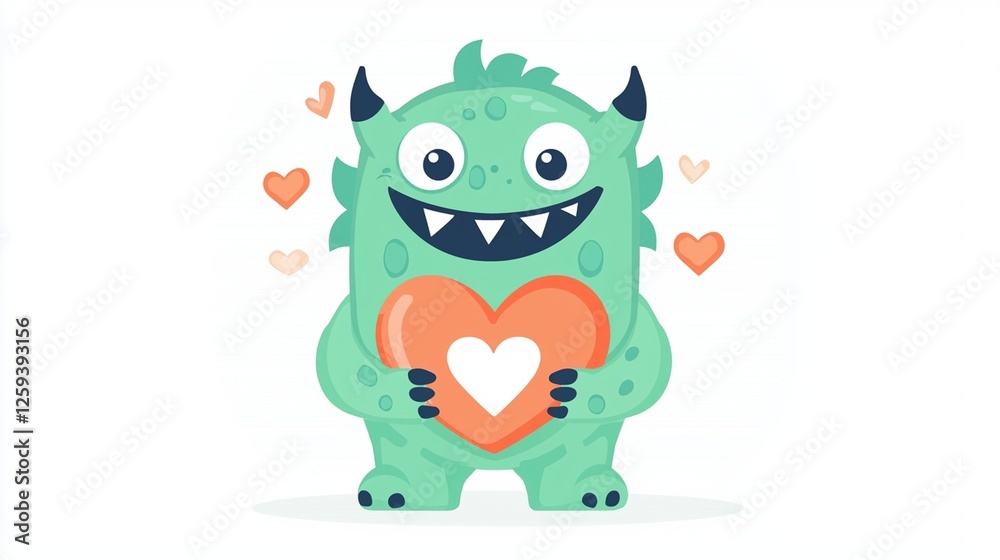 Adorable green monster holding heart fun character illustration whimsical environment playful concept Adorable green monster holding heart fun character illustration whimsical environment playful concept