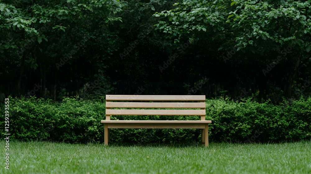 Serene park bench, lush greenery background, peaceful rest Serene park bench, lush greenery background, peaceful rest