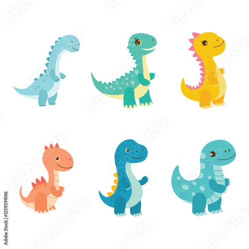 Set of Happy Cute Baby Dino Dinosaur Animal Cartoon Character