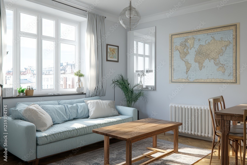 Fototapeta premium Cozy apartment living room with city view