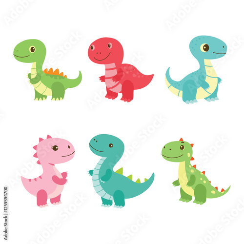 Set of Happy Cute Baby Dino Dinosaur Animal Cartoon Character