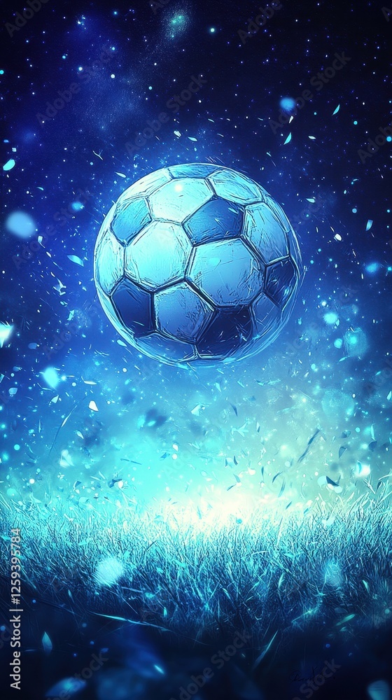 Fototapeta premium A luminous soccer ball floats above a sparkling field
