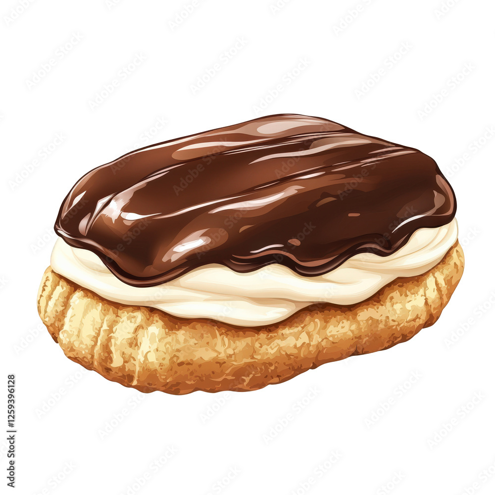A stylized vector illustration of a cream-filled éclair, transparent background, PNG A stylized vector illustration of a cream-filled éclair, transparent background, PNG
