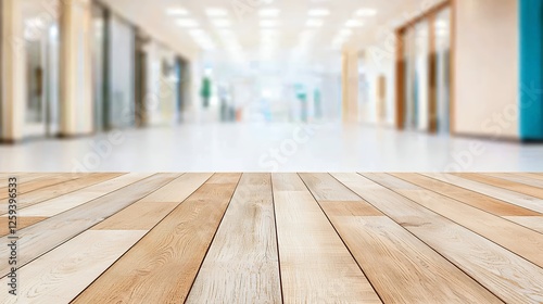 Empty Light Beige Wooden Table Top In Shopping Mall Background