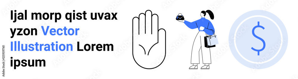 Hand palm gesture symbolizing stop, person weighing options with scales, and dollar sign representation. Ideal for decision-making, equality, justice, finance, investment legal and campaigns. Flat Hand palm gesture symbolizing stop, person weighing options with scales, and dollar sign representation. Ideal for decision-making, equality, justice, finance, investment legal and campaigns. Flat