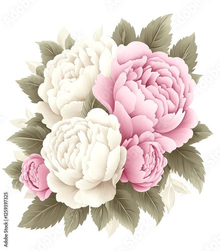 A bouquet of white and pink flowers with green leaves. The flowers are arranged in a way that they look like they are blooming. Scene is one of beauty and freshness