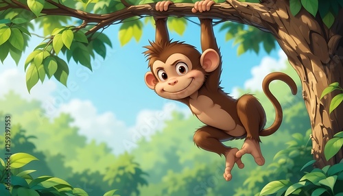 Adorable Cartoon Monkey Hanging from a Lush Green Tree Branch in a Sunny Jungle