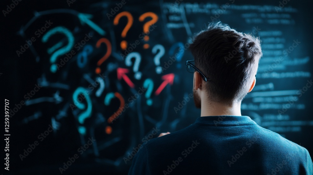 Man contemplating problem solutions on blackboard Man contemplating problem solutions on blackboard