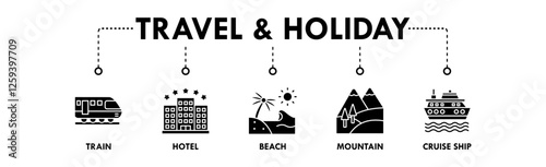 Travel and Holiday banner web icon illustration concept with icon of train, hotel, beach, mountain, and cruise ship