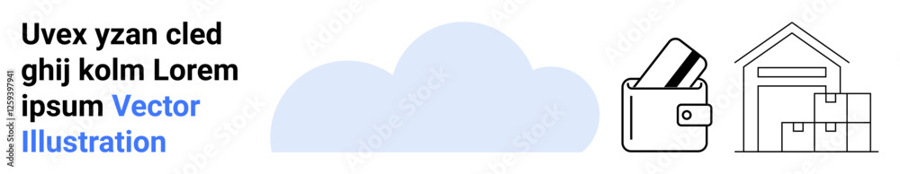 Cloud icon, wallet with cards, warehouse, and text. Ideal for data security, online payments, cloud services, storage solutions logistics e-commerce digital transactions. Landing page Cloud icon, wallet with cards, warehouse, and text. Ideal for data security, online payments, cloud services, storage solutions logistics e-commerce digital transactions. Landing page