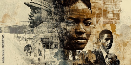 Powerful portrait featuring african american figures amidst urban imagery