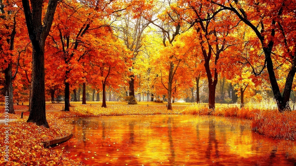 Fototapeta premium Vibrant autumn landscape with golden trees reflecting in a serene lake under a clear sky