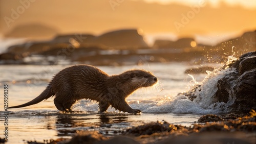 Golden Hour: Playful Otter Pup Explores Rocky Shore - Wildlife Photography