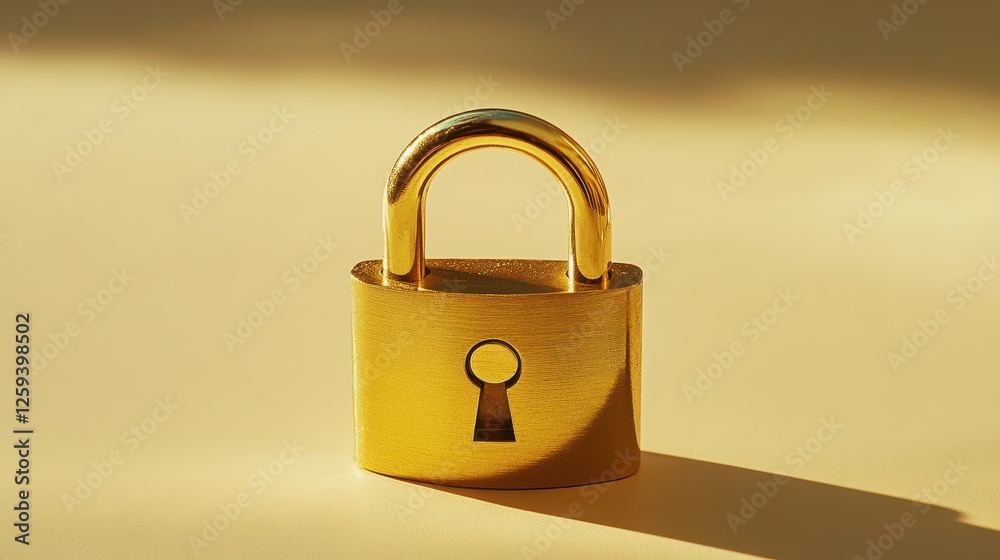 Golden padlock on beige background, subtly lit. Illustrates security, safety, protection, or privacy concepts. Golden padlock on beige background, subtly lit. Illustrates security, safety, protection, or privacy concepts.
