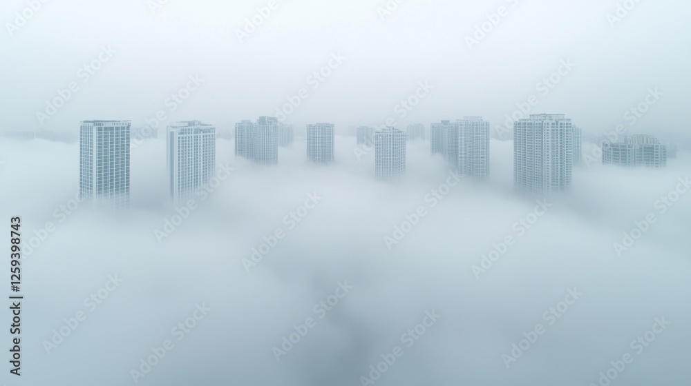 Fototapeta premium Foggy city skyscrapers, aerial view, urban landscape, atmospheric mood, stock photo