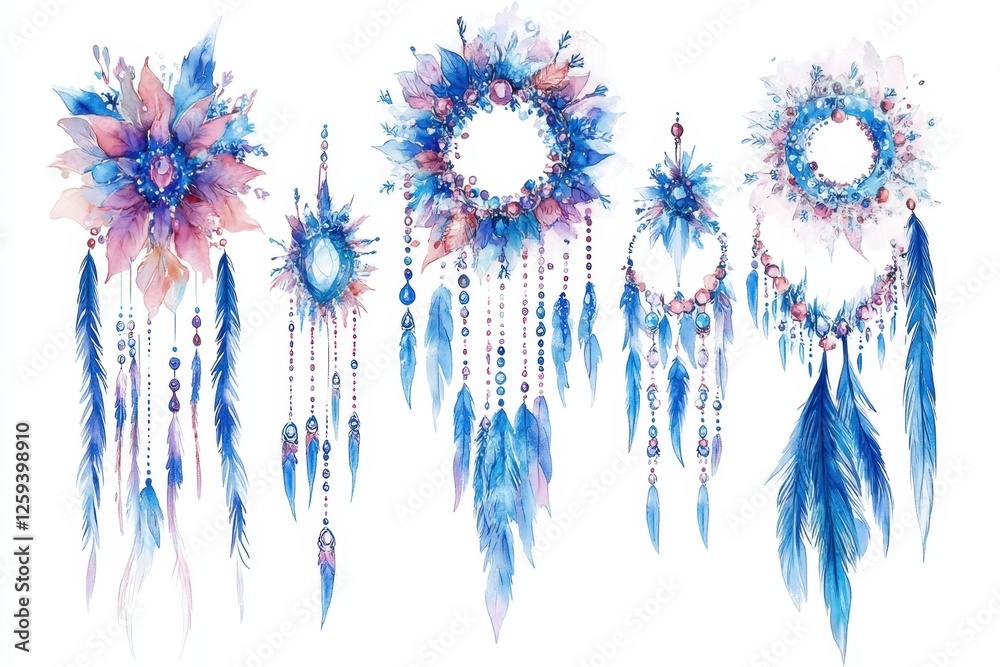 A collection of decorative dreamcatchers in blue and pink watercolor style. A collection of decorative dreamcatchers in blue and pink watercolor style.