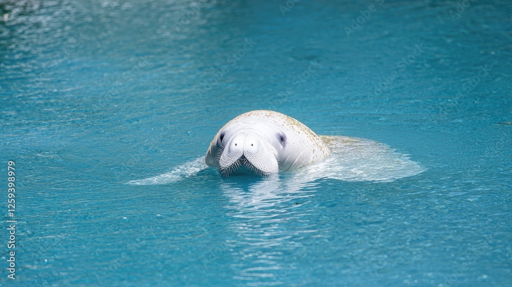 Naklejka premium Manatee swimming in blue water, zoo enclosure background, wildlife conservation