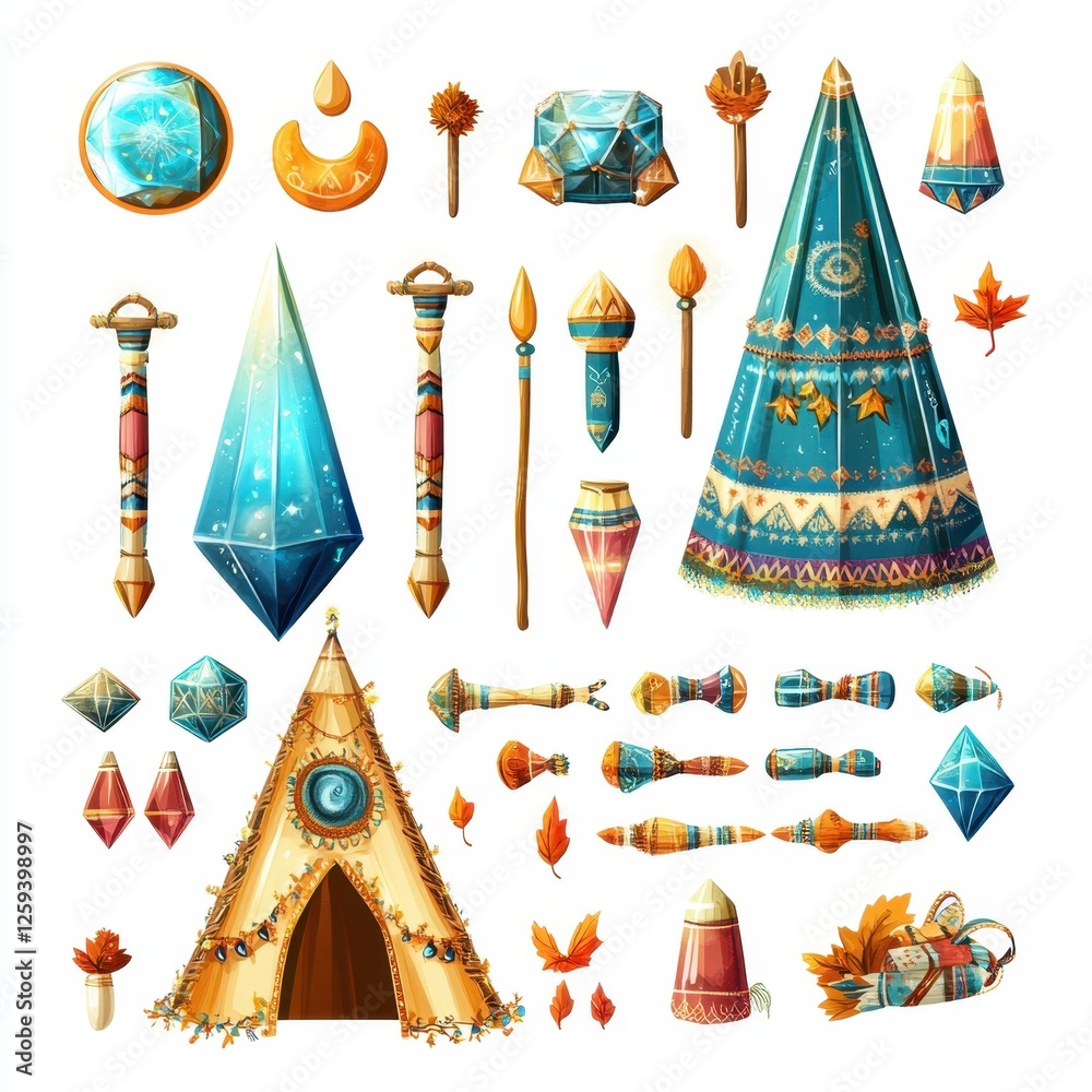 A collection of decorative elements including tents, crystals, and spears. A collection of decorative elements including tents, crystals, and spears.