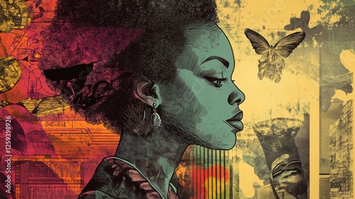 An african american woman is depicted in a colorful collage
