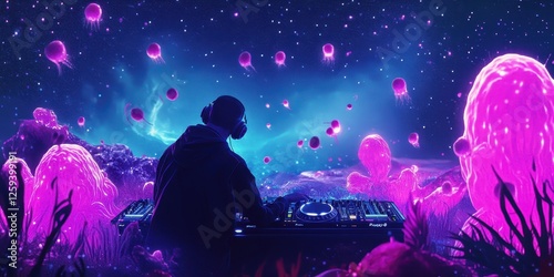 Dj is playing music on an alien planet landscape