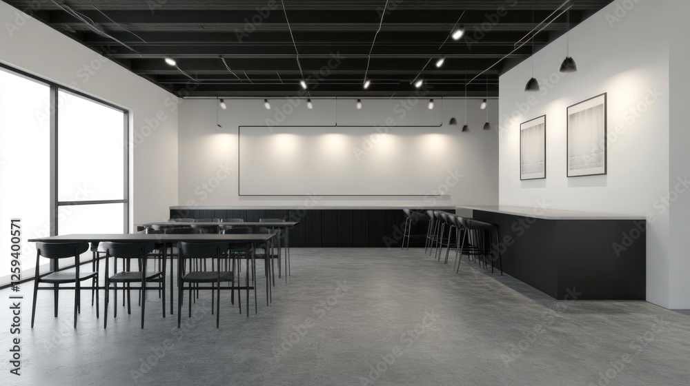 Modern office breakroom with tables, chairs, and bar Modern office breakroom with tables, chairs, and bar