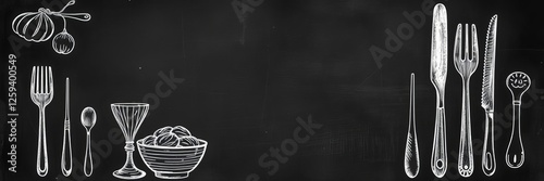 Chalk menu boards with hand drawn kitchenware illustrations perfect for restaurant or home cooking themes, drawing, art, display