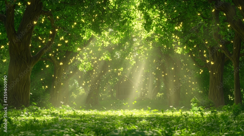 Obraz premium Enchanted Forest with Soft Sunlight Filtering Through Lush Green Canopy and Glowing Yellow Butterflies