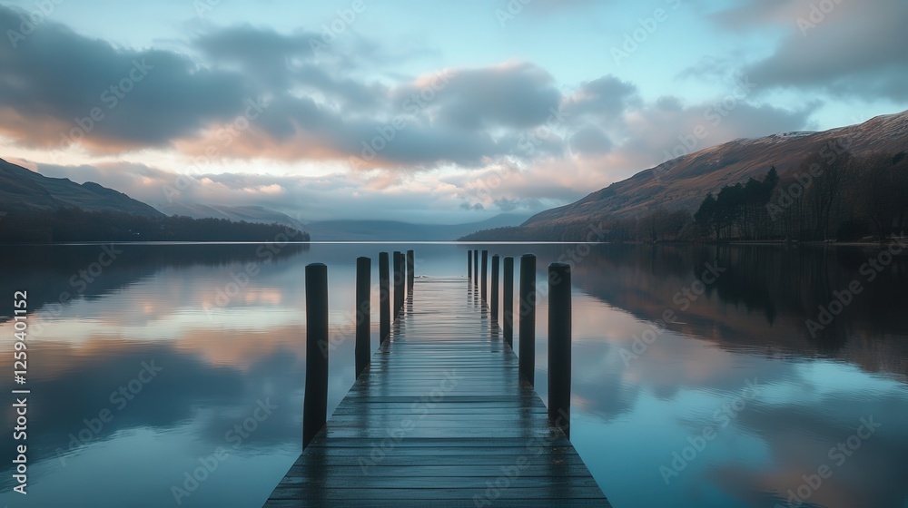 custom made wallpaper toronto digitalserene lake with a wooden pier, the sky filled with clouds and the water reflecting the peaceful landscape, creating a calming view.