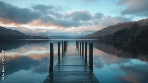 Wallpaper Mural serene lake with a wooden pier, the sky filled with clouds and the water reflecting the peaceful landscape, creating a calming view. Torontodigital.ca