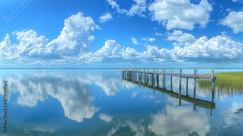 Wallpaper Mural serene lake with a wooden pier, the sky filled with clouds and the water reflecting the peaceful landscape, creating a calming view. Torontodigital.ca
