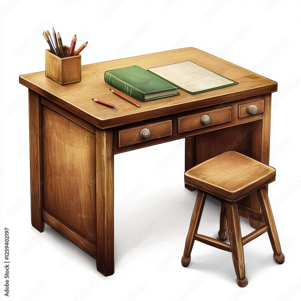 Wooden desk with stationery and open book in academic study space, perfect for learning and creativity