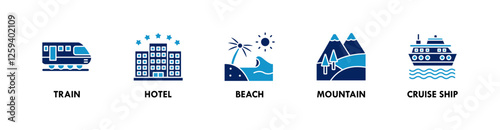Travel and Holiday banner web icon illustration concept with icon of train, hotel, beach, mountain, and cruise ship