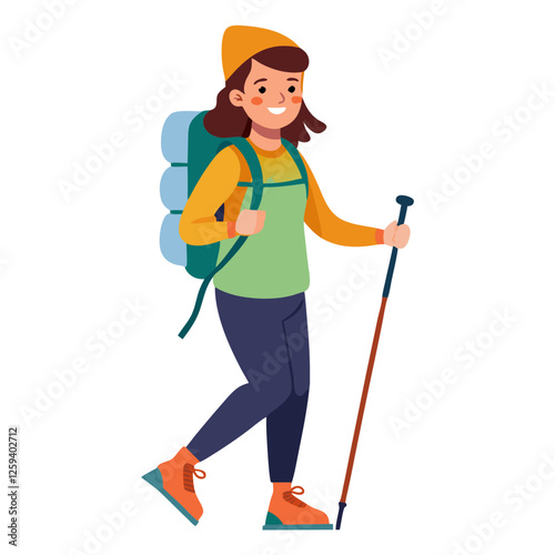 A female hiker enjoys a trek along a picturesque trail, equipped with a backpack and trekking poles. She smiles as she immerses herself in nature on a bright, sunny day