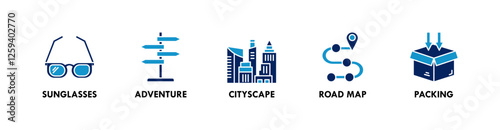 Travel and Holiday banner web icon illustration concept with icon of sunglasses, adventure, cityscape, road map, and packing