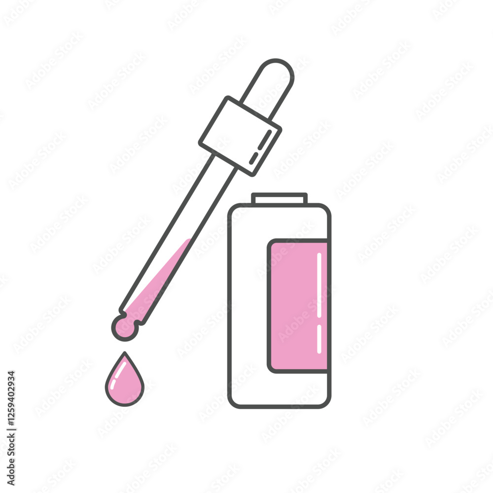 A clean and modern skincare icon featuring a dropper bottle with serum. The design is minimalistic, using a soft pink color to highlight the liquid and product details. A clean and modern skincare icon featuring a dropper bottle with serum. The design is minimalistic, using a soft pink color to highlight the liquid and product details.
