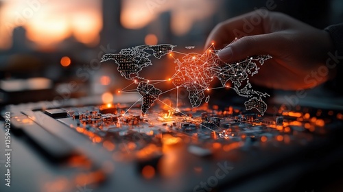 Person using laptop with world map on screen representing global connectivity and digital technology concept