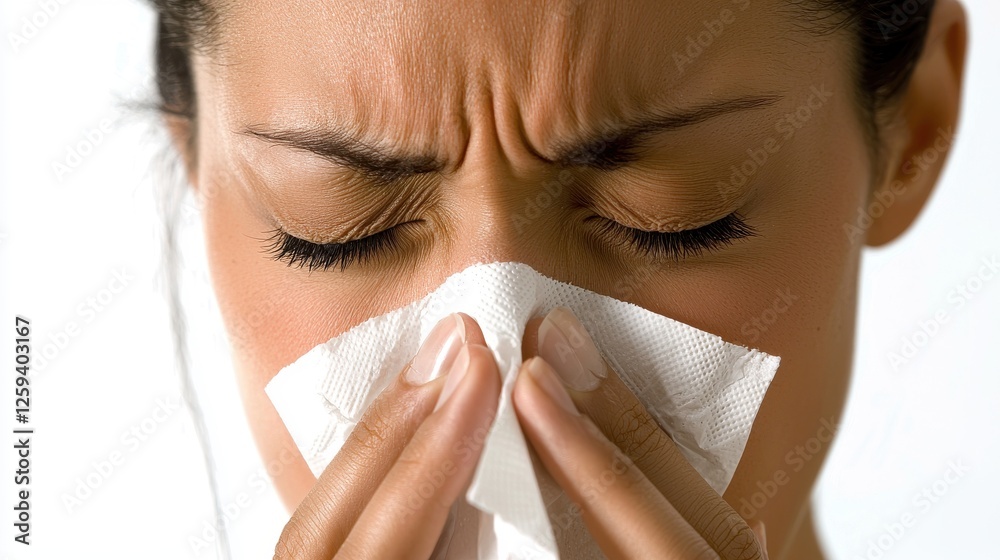 Woman holding tissue in mouth with neutral expression in indoor setting Woman holding tissue in mouth with neutral expression in indoor setting