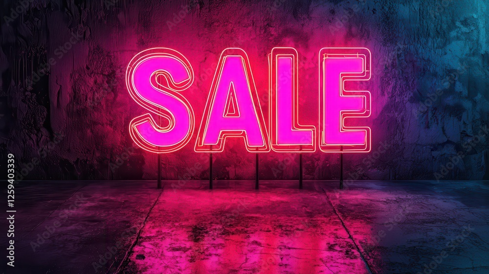 Neon sale sign glowing brightly on a dark background in urban environment Neon sale sign glowing brightly on a dark background in urban environment
