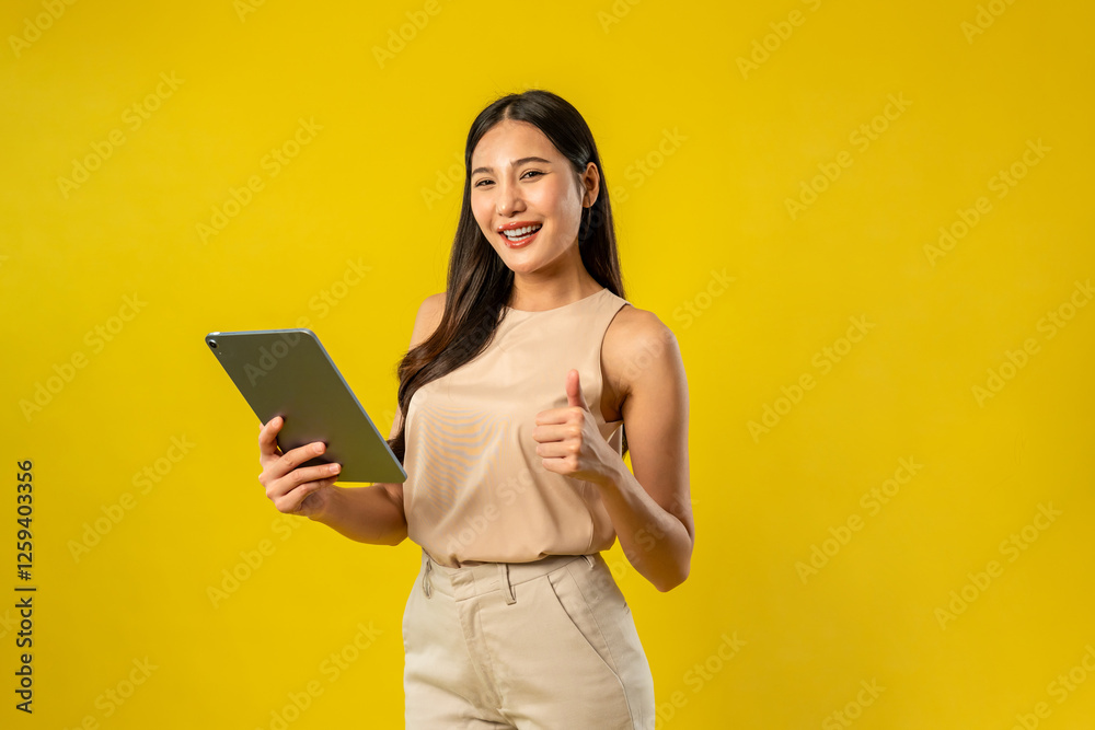Portrait of Asian woman using tablet in isolated yellow background. Portrait of Asian woman using tablet in isolated yellow background.