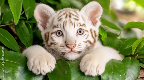 Young white tiger cub peeking through lush green leaves with bright blue eyes and adorable expression photo