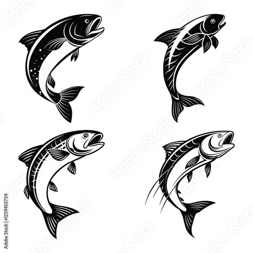 Set of jumping fish silhouettes in black and white on white background, fish vector, fish jumping vector, fish silhouette.