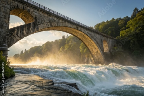 Vibrant Whitewater Rapids Cascading Over Architectural Stone Bridge - Stunning Nature Photography