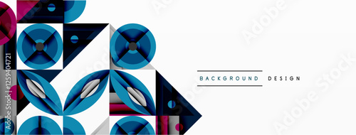 Geometric abstract composition with intersecting shapes, circles, triangles, and gradients, blending vibrant colors and dynamic contrasts to create a modern, futuristic visual design