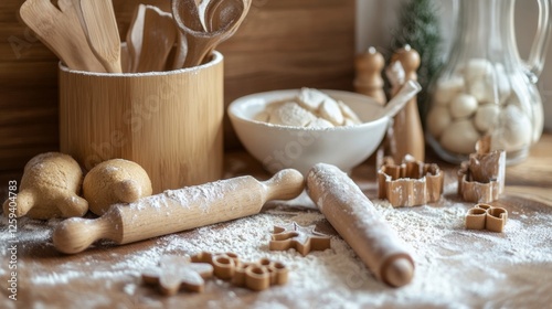 Scene of a baking setup in a kitchen. Featuring baking tools like rolling pins, cookie cutters, and a mixing bowl. Highlighting the joy of baking. Ideal for cooking blogs. photo