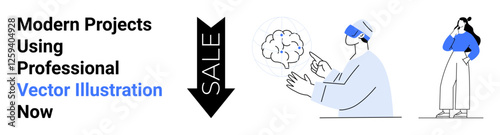 Scientist examining brain through VR headset, woman pondering with sale sign. Ideal for technology, innovation, neuroscience, education, marketing, cognitive science, flat landing page banner