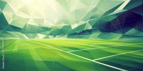 Abstract polygonal soccer field under geometric cloudy sky