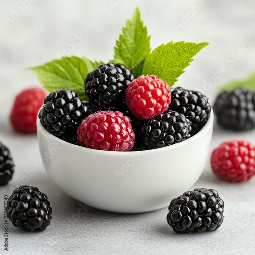 Fresh berries in a white bowl with mint leaves. photo