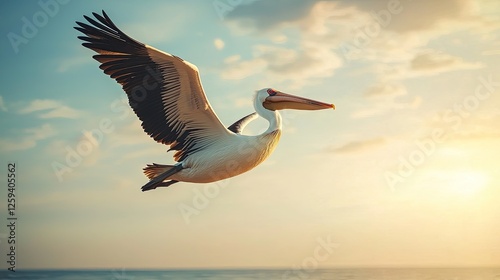 A graceful pelican soaring over calm ocean waters during a vibrant sunset, showcasing nature's beauty