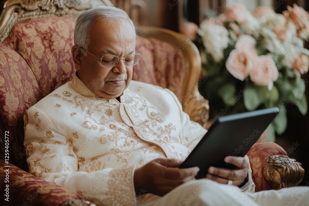 Obraz premium Elderly man in ornate clothing uses tablet. Perfect for articles on aging, technology, or cultural events.