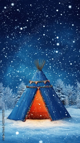 A colorful teepee in a snowy landscape under a starry night sky.
